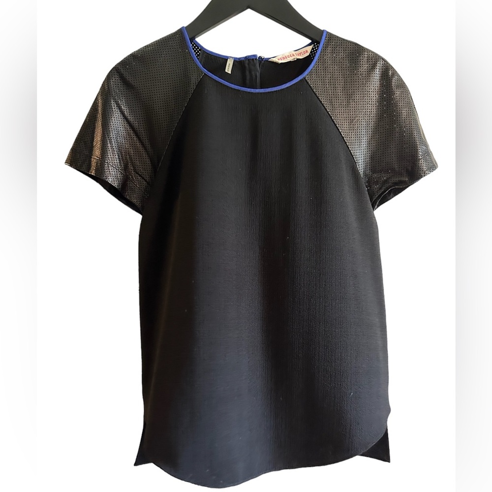 Rebecca Taylor Perforated Sleeves Blouse, Size 0, Black with blue trim